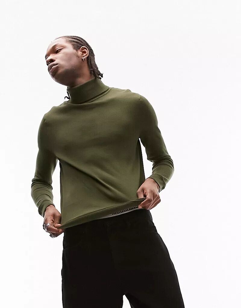 

Базовый вязаный джемпер цвета хаки с высоким воротником Topman