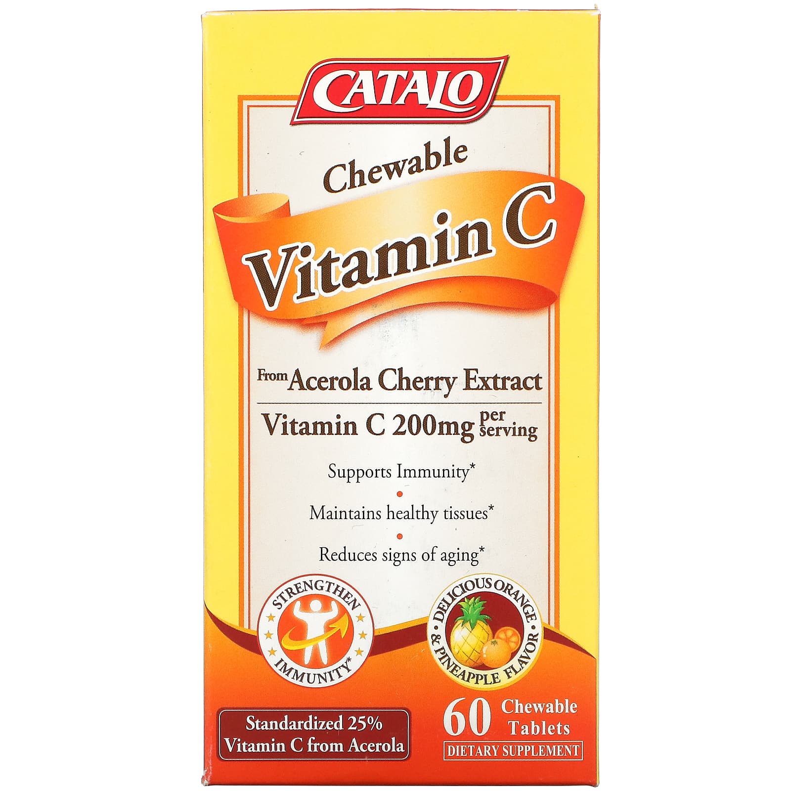 Жевательный Витамин C Catalo Naturals, апельсин и ананас, 60 жевательных таблеток sports research витамин c натуральный апельсин 60 жевательных таблеток
