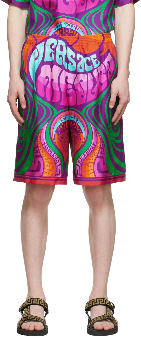 

Пурпурные шелковые музыкальные шорты Medusa Versace