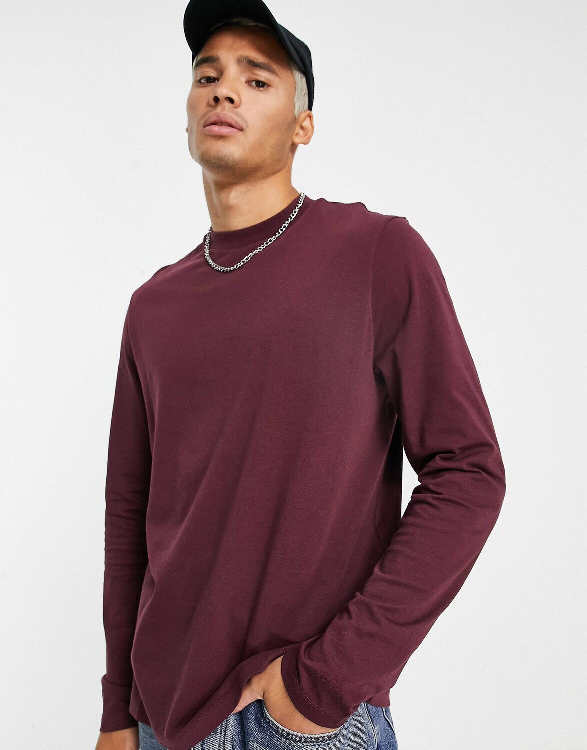 

Бордовая футболка с длинными рукавами и круглым вырезом ASOS DESIGN