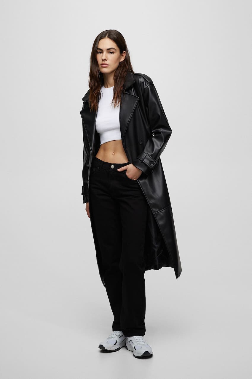 

Тренч из искусственной кожи Pull&Bear, черный