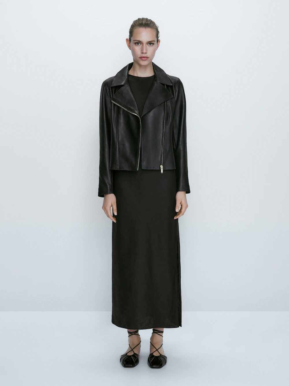 

Кожаная байкерская куртка наппа Massimo Dutti, черный