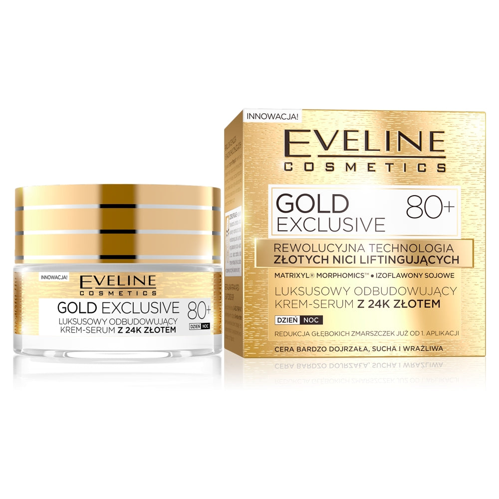 Eveline Cosmetics Gold Exclusive 80+ роскошная восстанавливающая крем-сыворотка с 24-каратным золотом 50мл