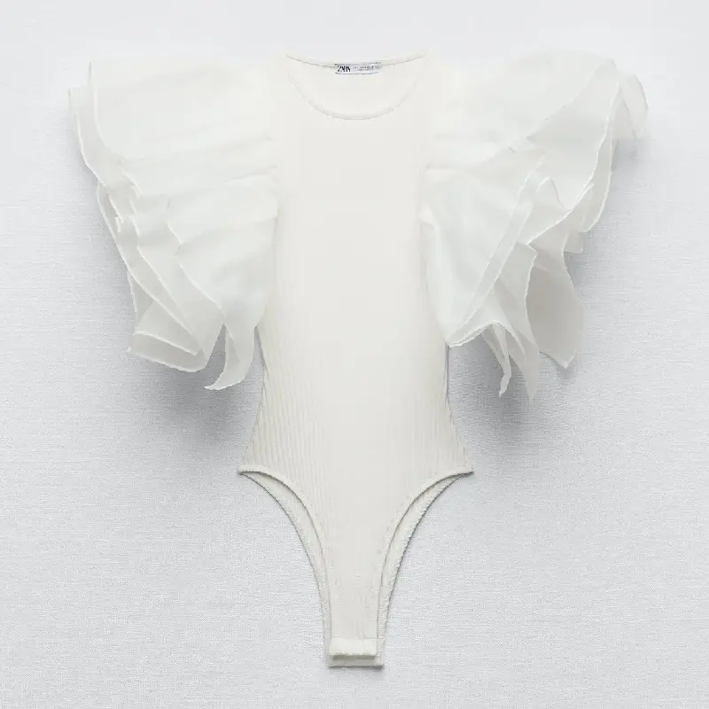 

Боди Zara Ribbed With Organza Ruffles, белый
