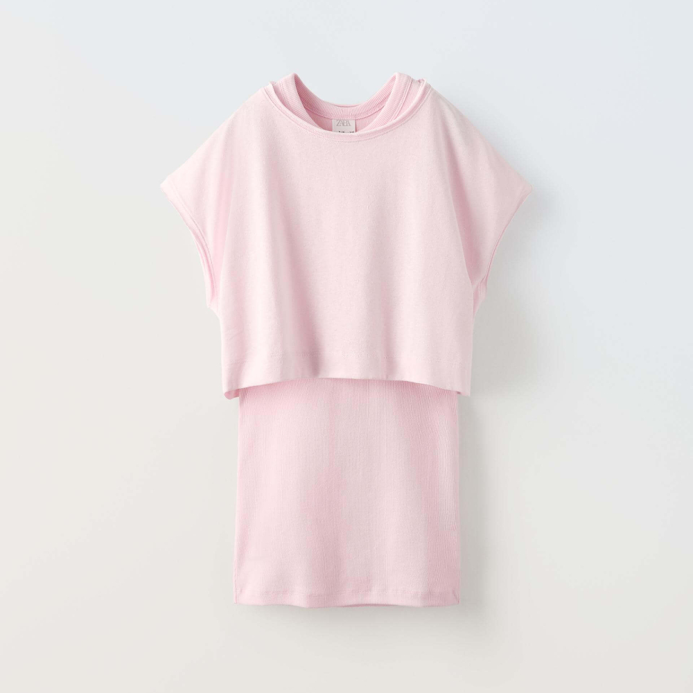 Комбинированное платье с футболкой Zara Ribbed, розовый футболка с круглым вырезом и короткими рукавами с напуском l белый