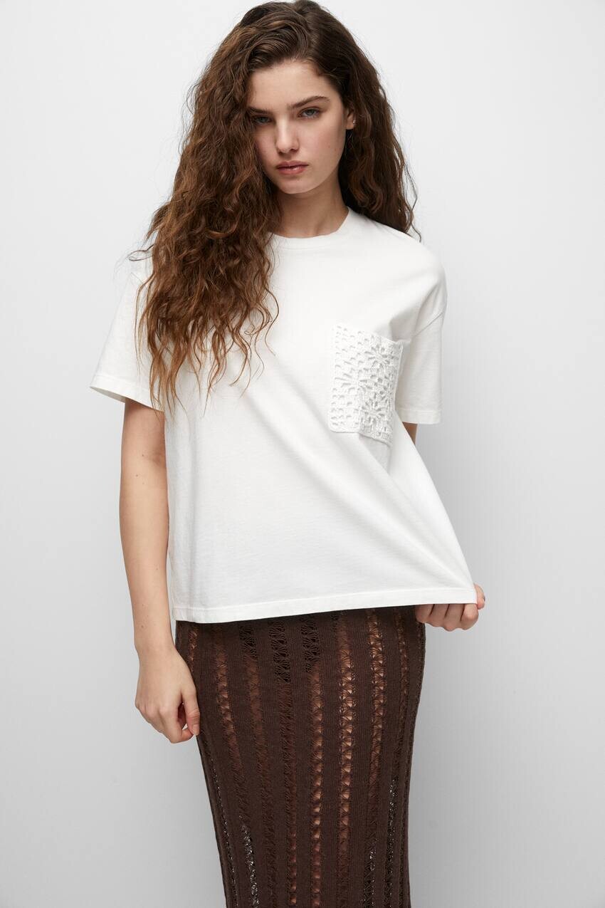 

Футболка с вышивкой крючком Pull&Bear, белый