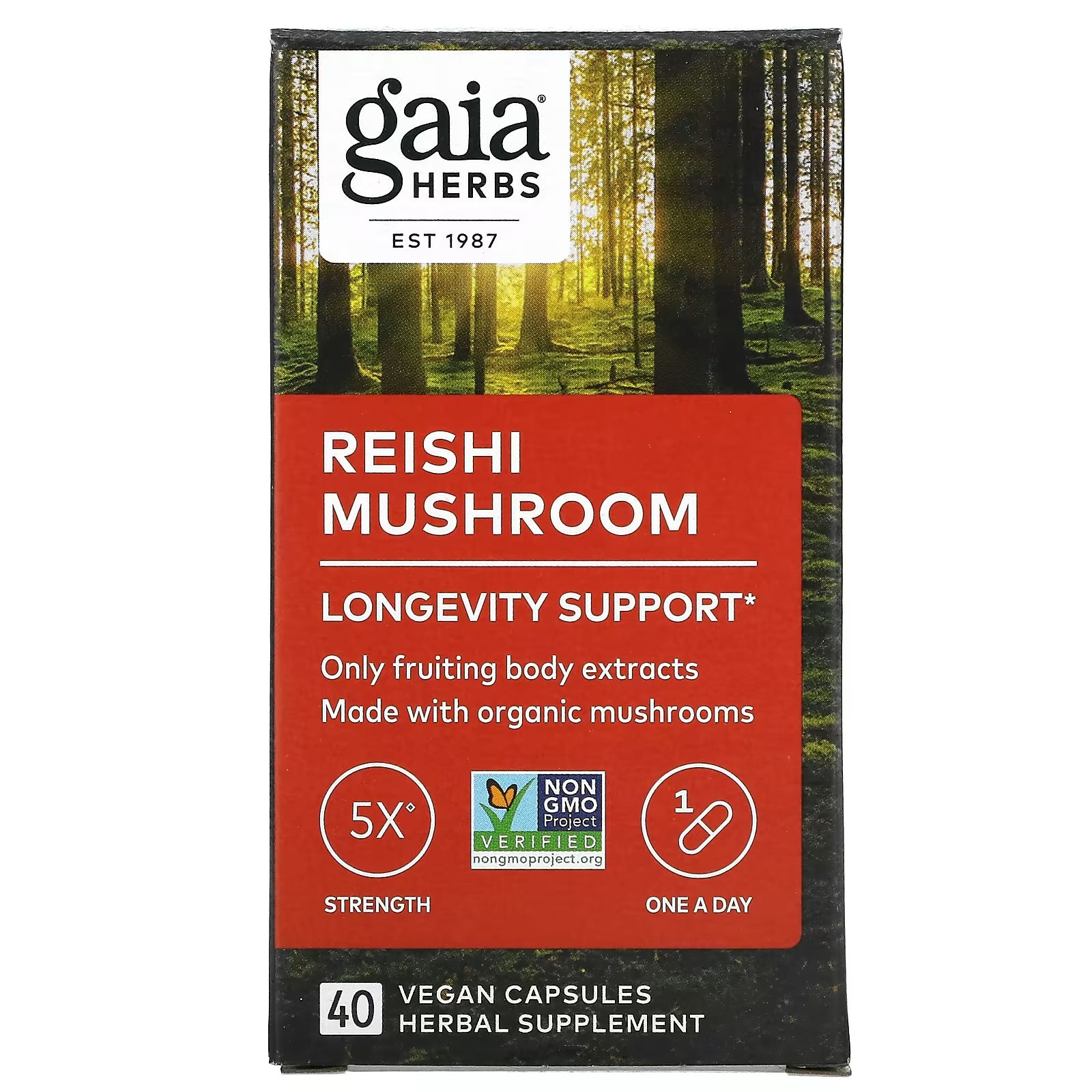Гриб Рейши Gaia Herbs, 40 веганских капсул nature s herbs гриб рейши 1200 мг 100 вегетарианских капсул