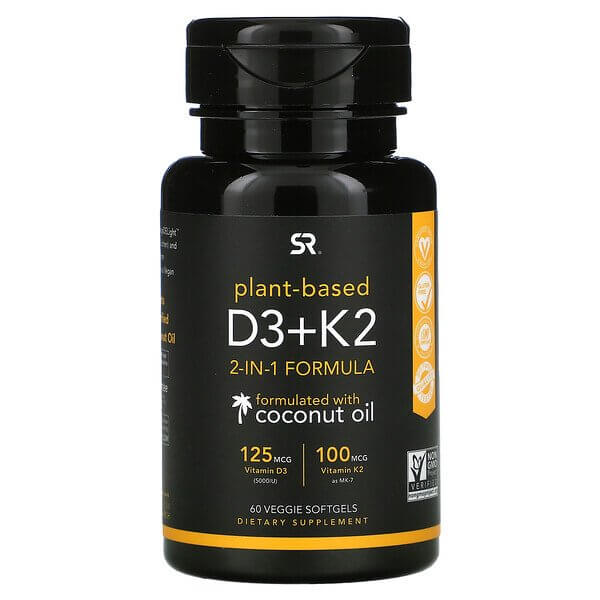 Витамины D3+K2, на растительной основе, 60 капсул, Sports Research