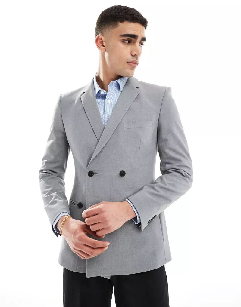 Серый двубортный пиджак узкого кроя ASOS