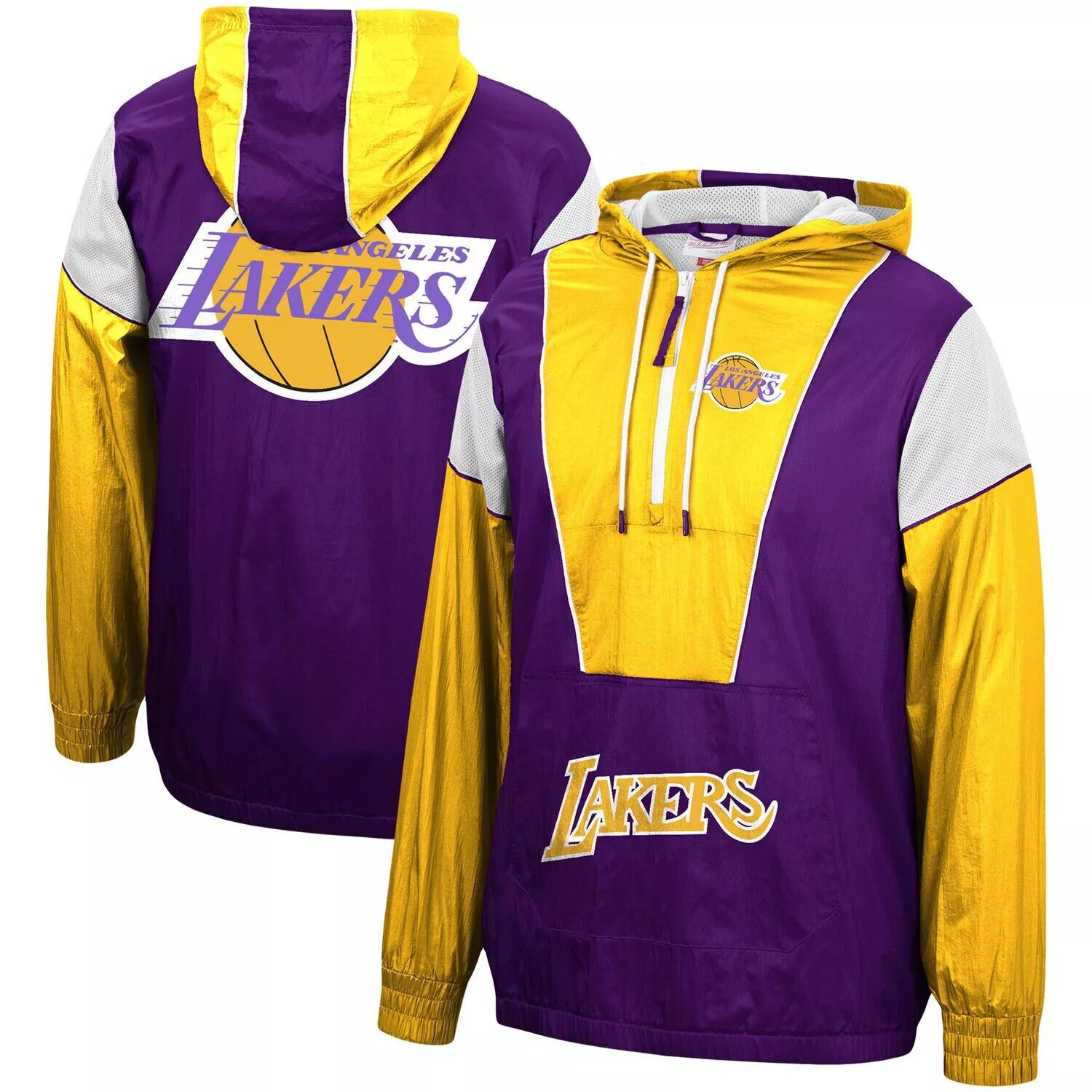 

Мужская куртка с капюшоном Mitchell & Ness фиолетового/золотого цвета Los Angeles Lakers из твердой древесины, классическая ветровка с полумолнией на половину длины, Фиолетовый