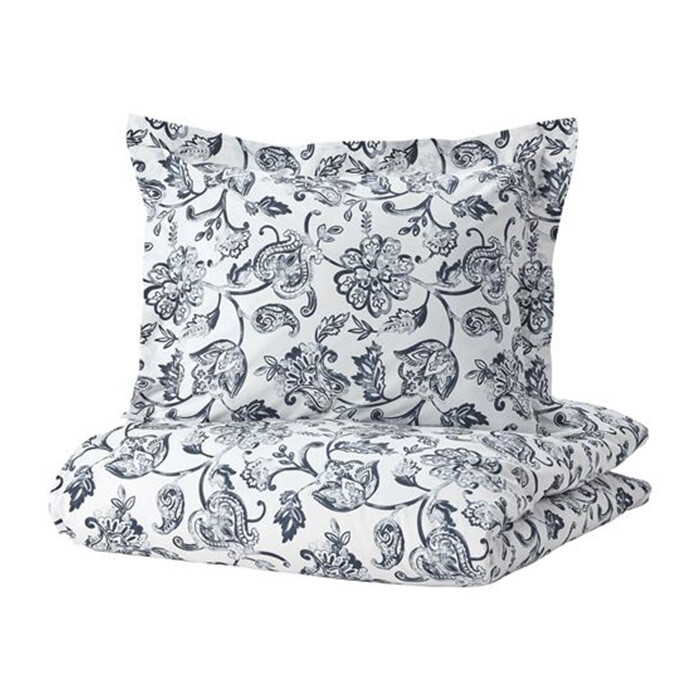 

Комплект постельного белья Ikea Junimagnolia, 3 предмета, 240x220/80x80, белый/темно-синий
