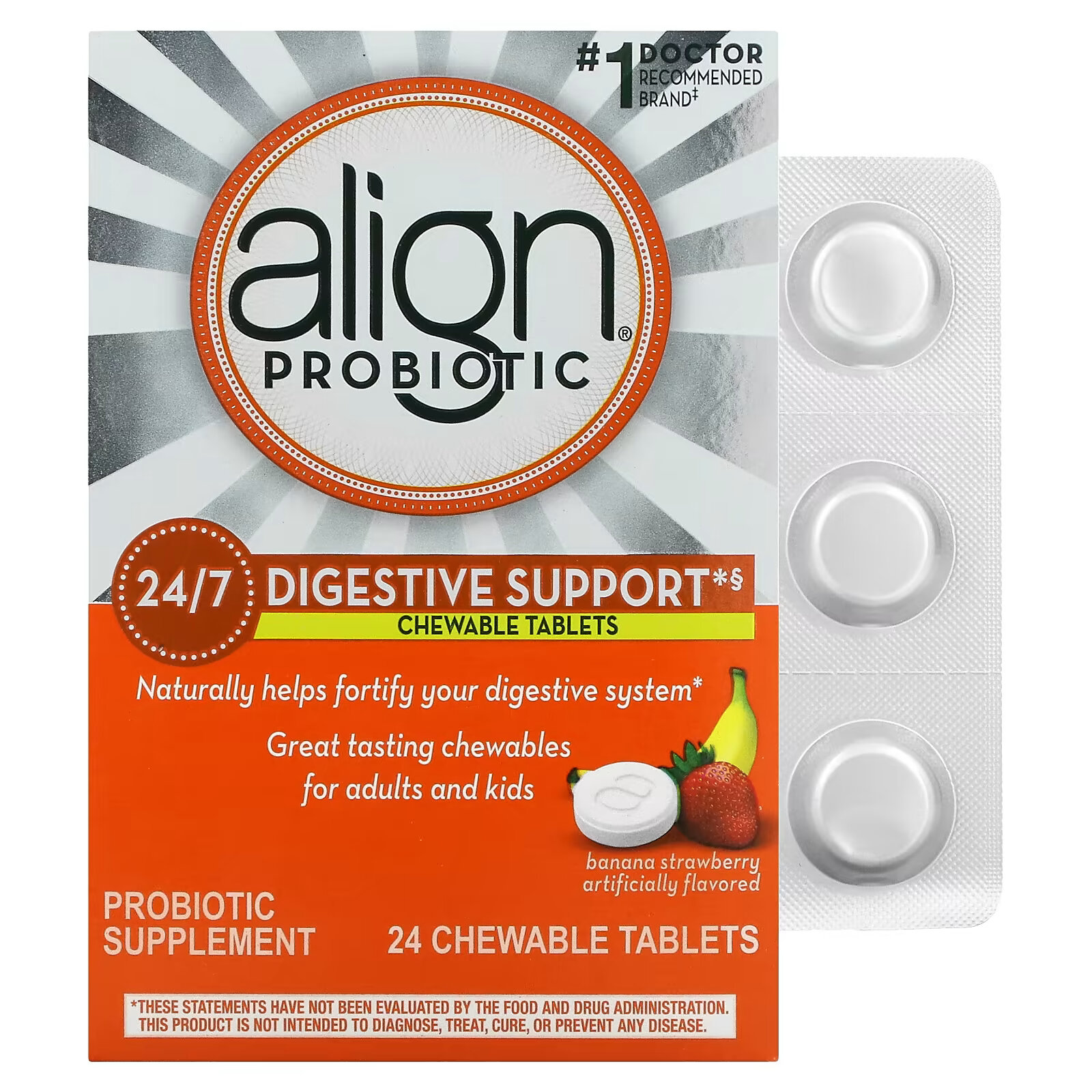 цена Align Probiotics, 24/7 для поддержки пищеварения, банан и клубника, 24 жевательные таблетки