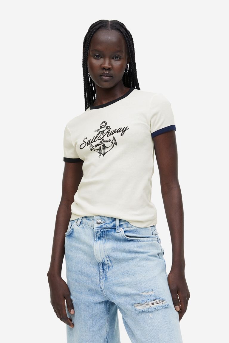 

Облегающий хлопковый топ H&M, крем / уплыть