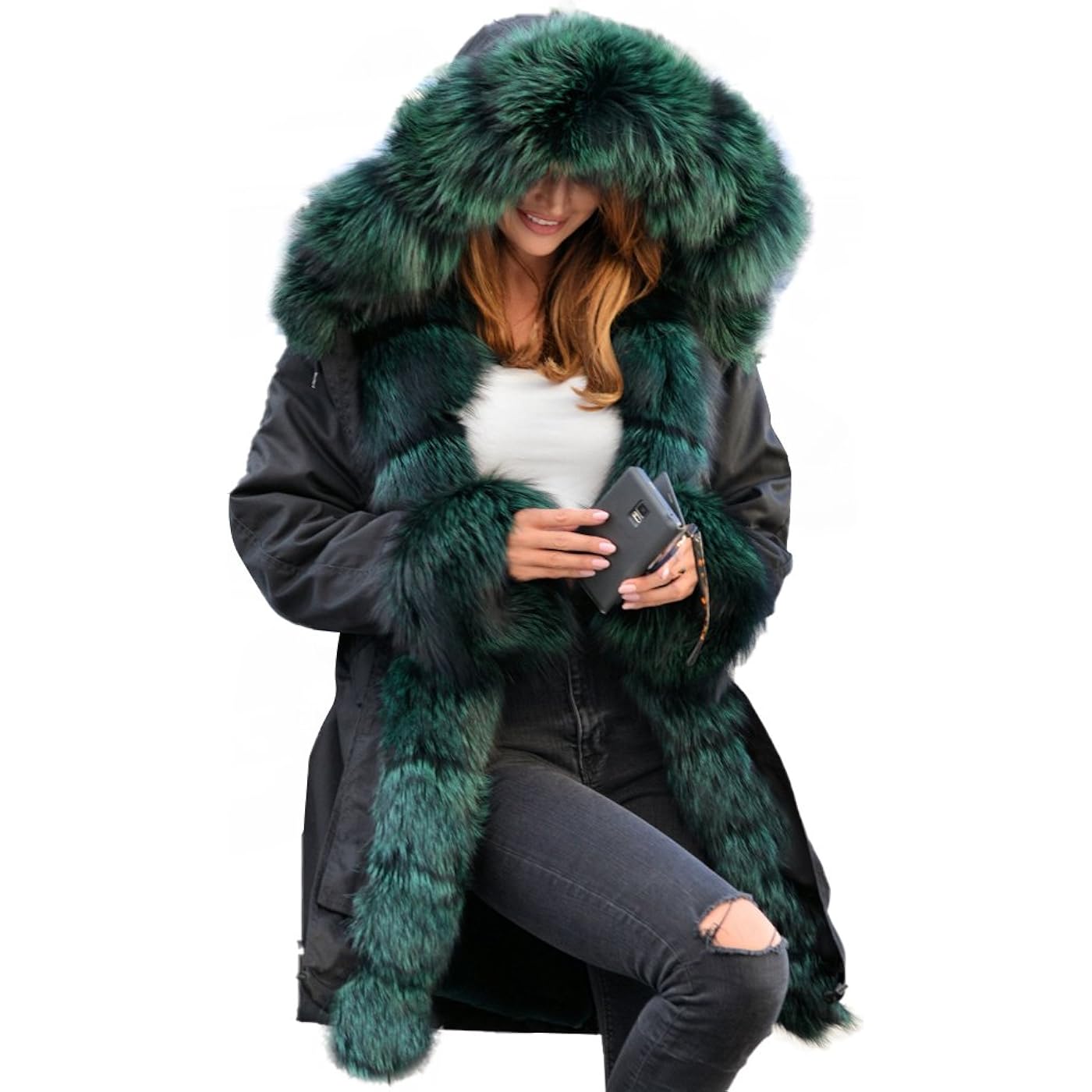 цена Парка Aofur Long Warm Winter Faux Fur Collar Qulited Women's, черный/зеленый