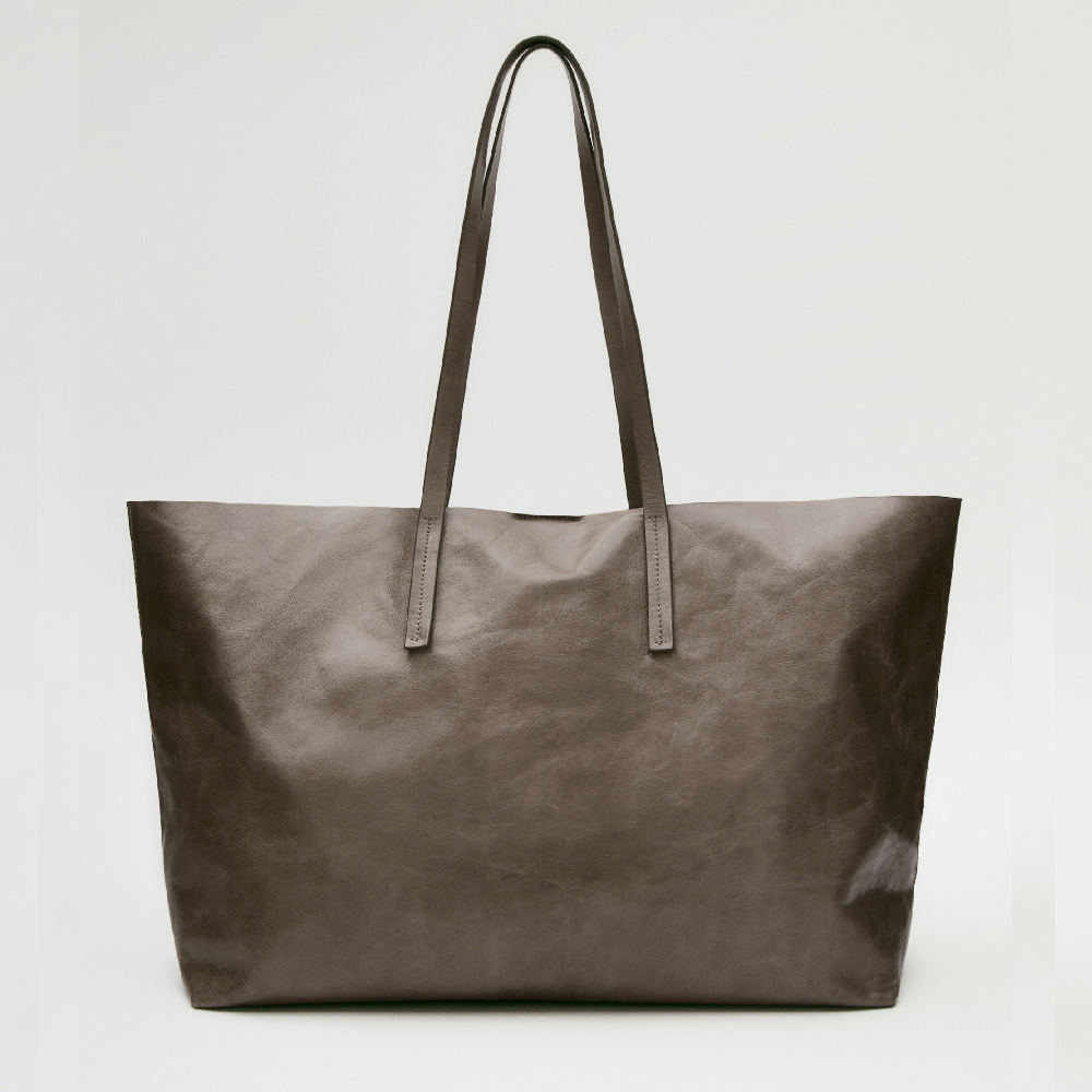 Сумка Massimo Dutti Leather Tote With A Crackled Finish, светло-коричневый