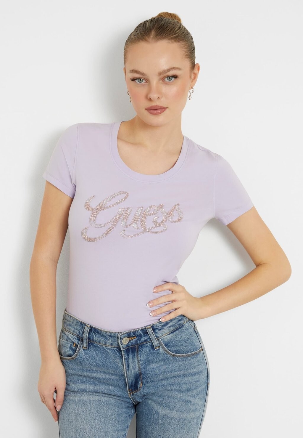 

Футболка с принтом FRONTLOGO STRASS Guess, цвет lila