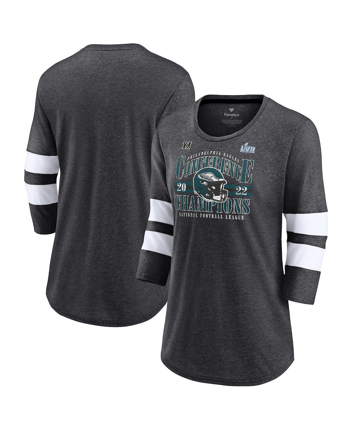 

Женская футболка с логотипом Heather Charcoal Philadelphia Eagles 2022 NFC Champions Banner Worthy Tri-Blend, с рукавами 3/4 Fanatics