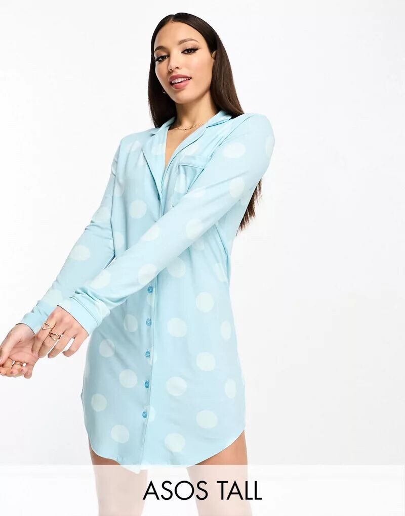 

Эксклюзивная синяя рубашка для сна из вискозы в горошек ASOS DESIGN Tall