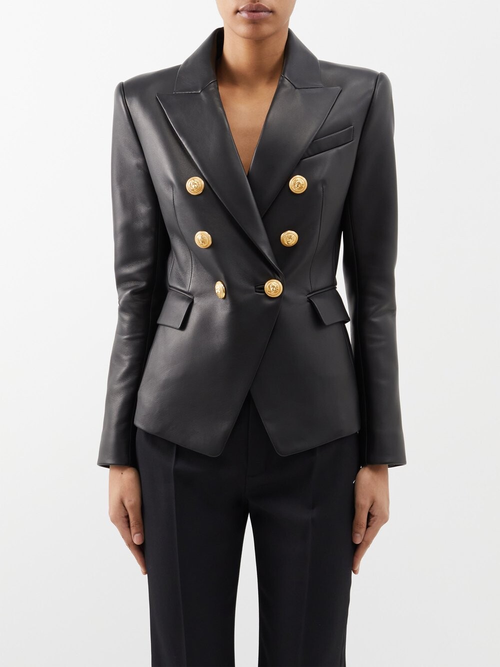 

Двубортная кожаная куртка Balmain, черный