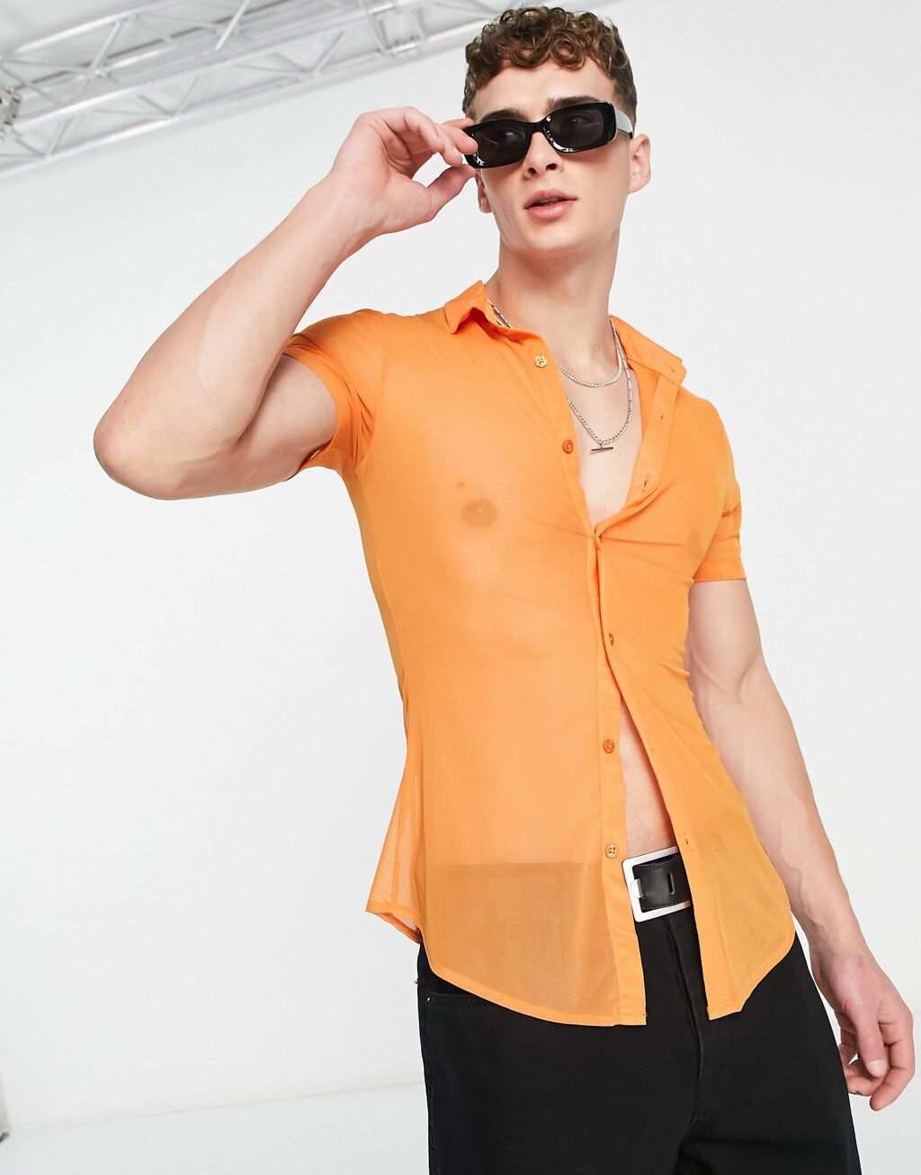 

Ярко-оранжевая рубашка скинни из сетки ASOS DESIGN