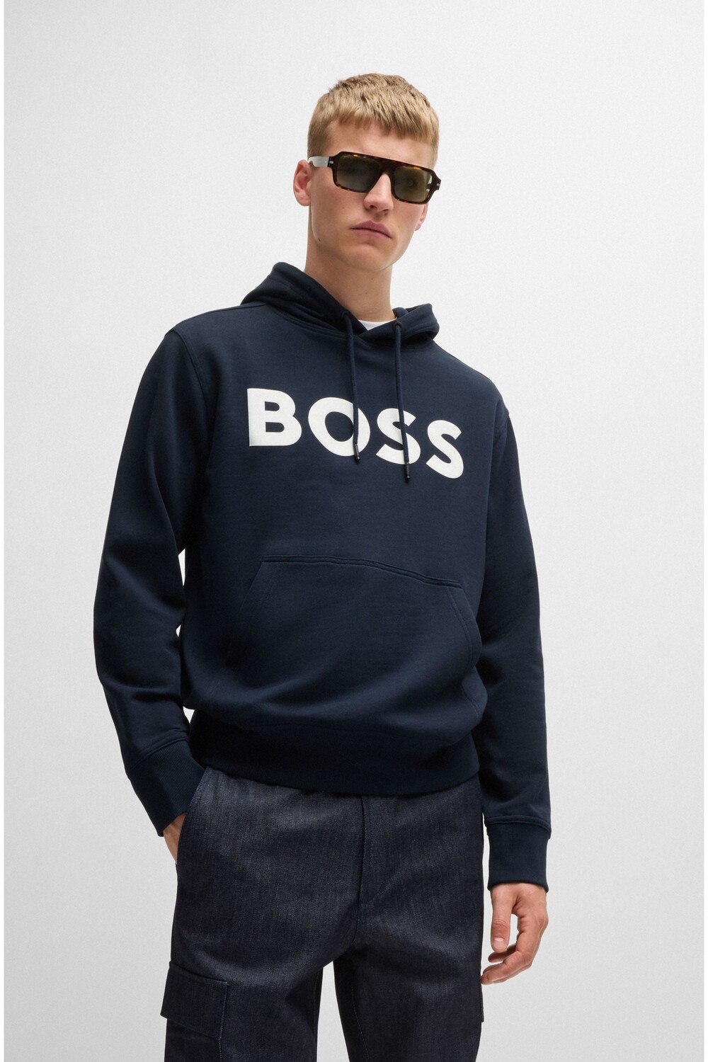 

Толстовка из хлопковой махровой ткани с контрастным логотипом Boss, синий