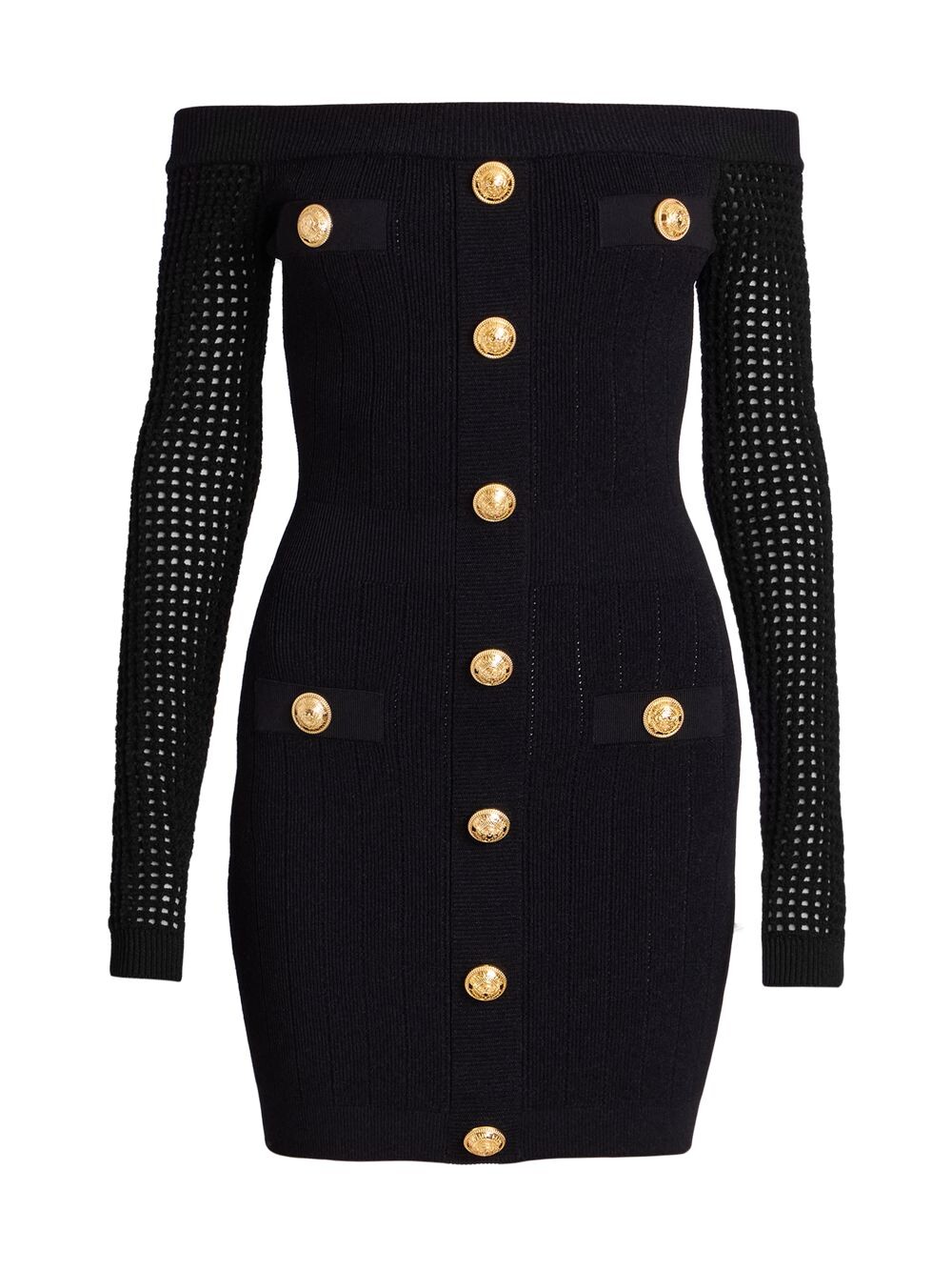 

Вязаное мини-платье с открытыми плечами Balmain, черный