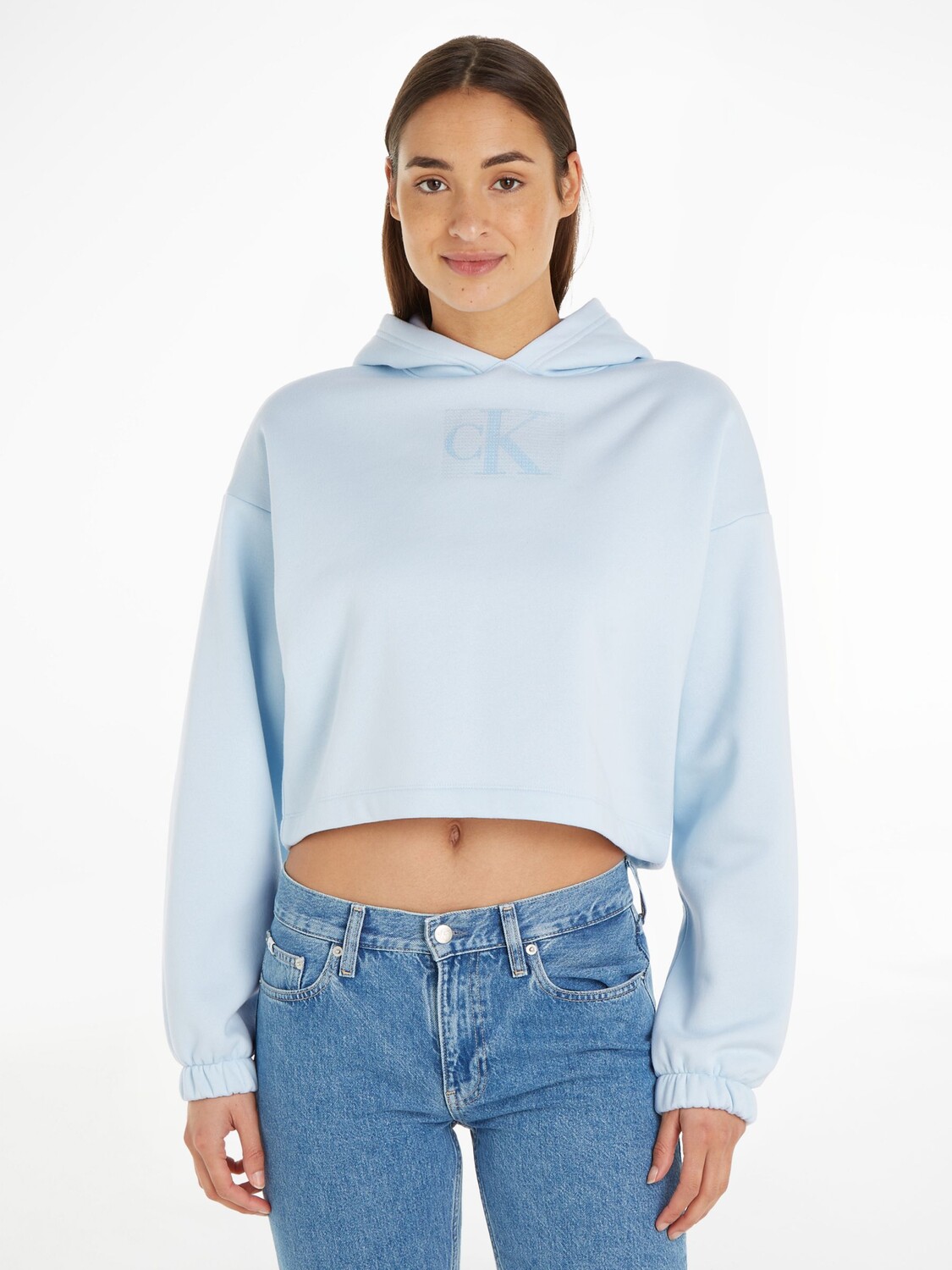 

Укороченное худи с пайетками и логотипом Calvin Klein, сувенир синий