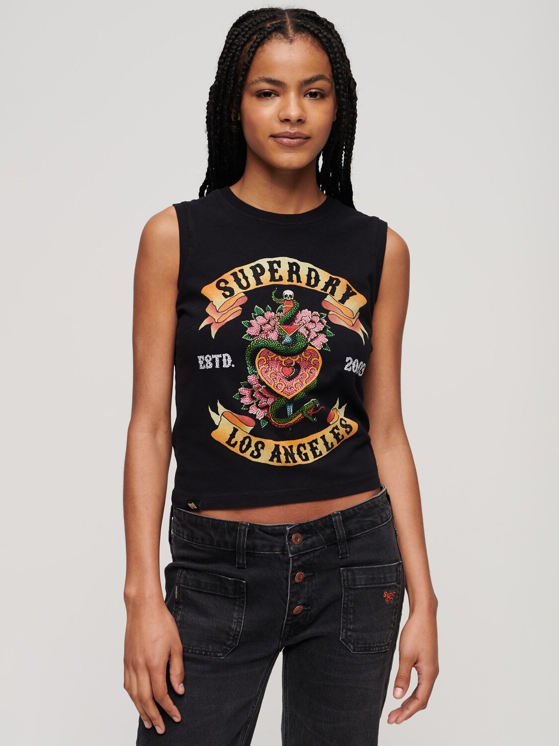 

Топ с татуировкой и стразами Superdry, черный