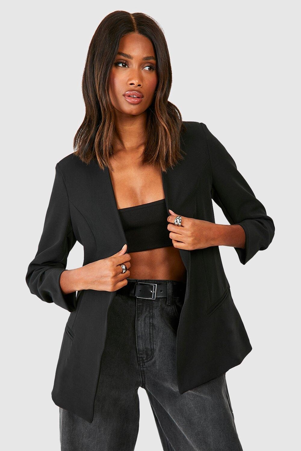 

Приталенный пиджак без воротника boohoo, черный