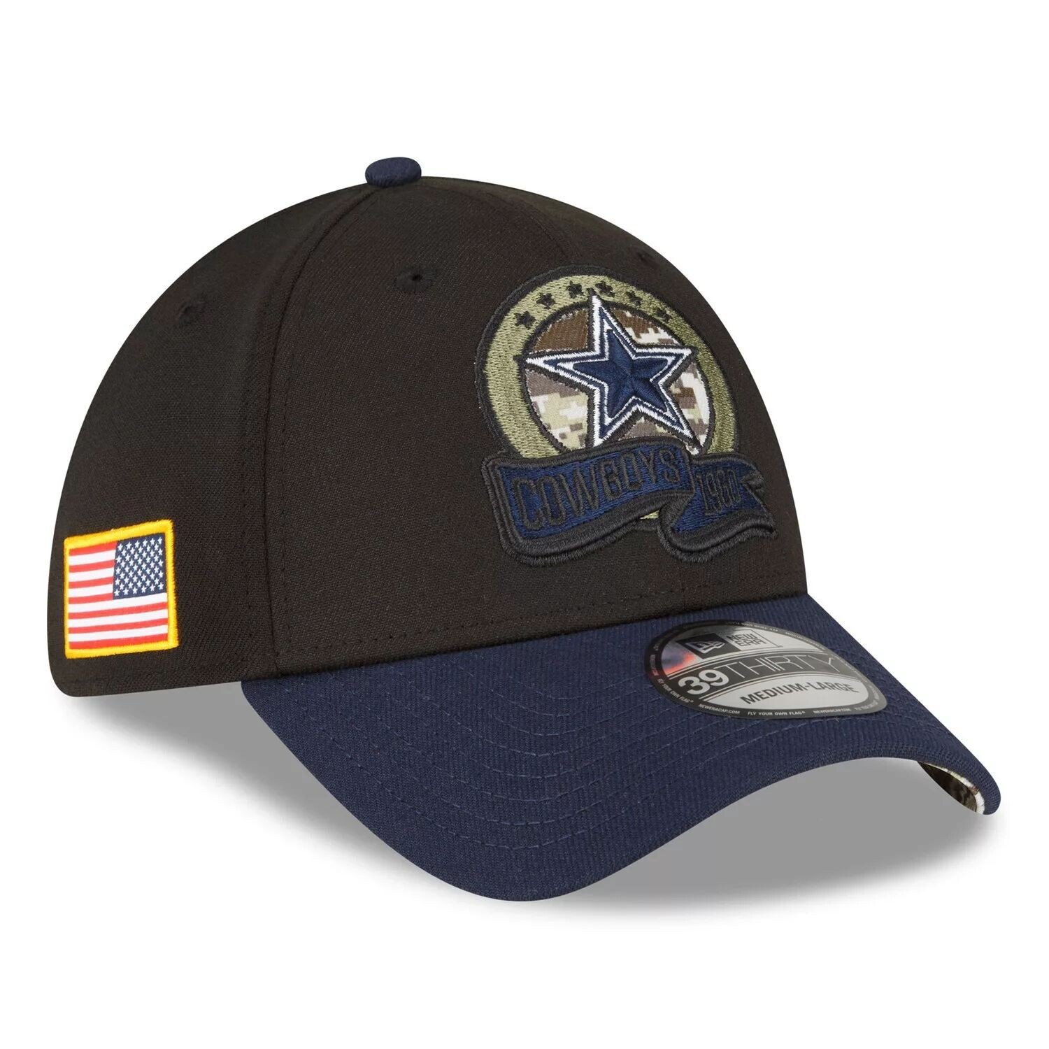 

Мужская кепка New Era черная/темно-синяя Dallas Cowboys 2022 Salute To Service 39THIRTY Flex Hat