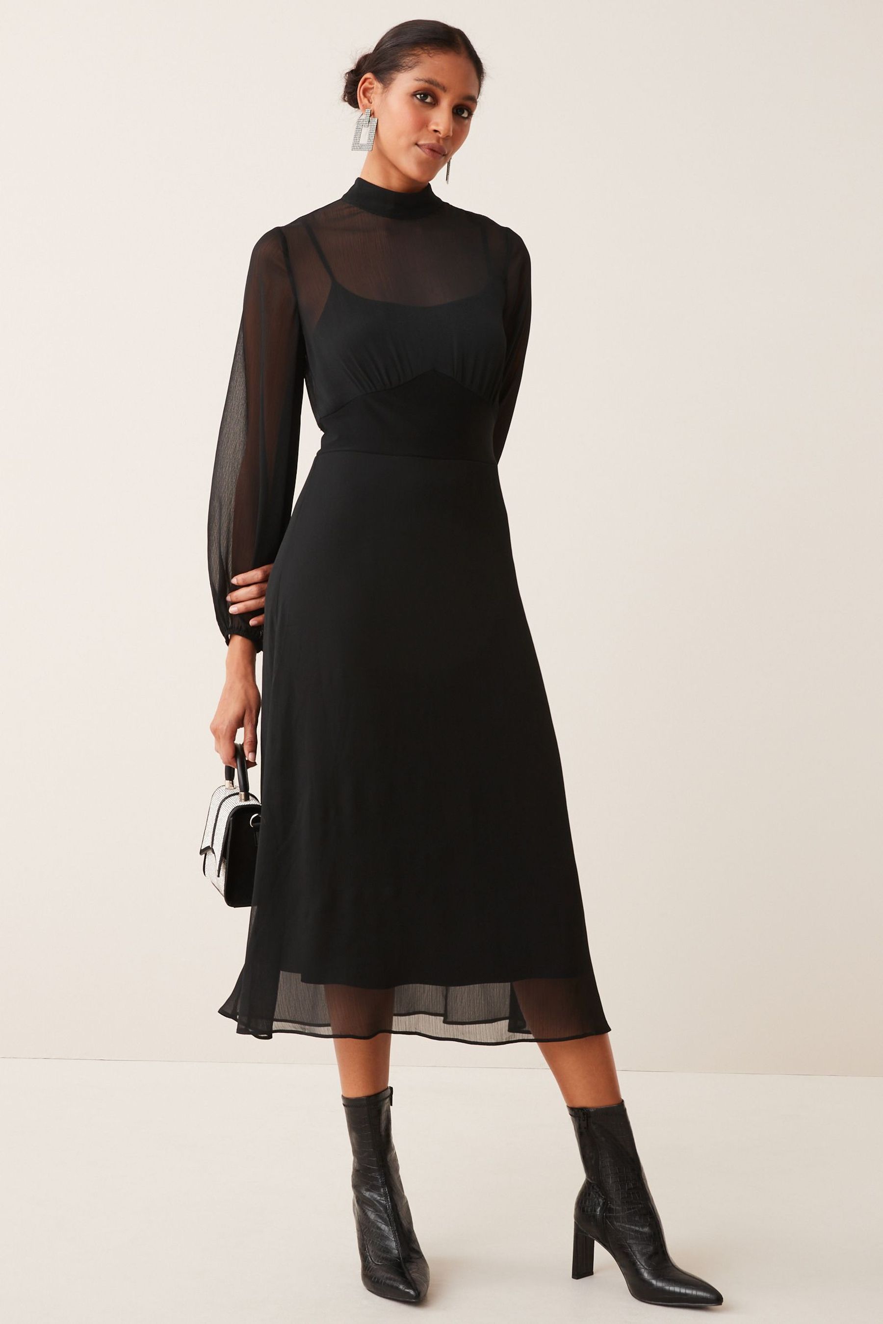 Прозрачное многослойное платье миди с длинными рукавами и воротником стойкой Next, черный