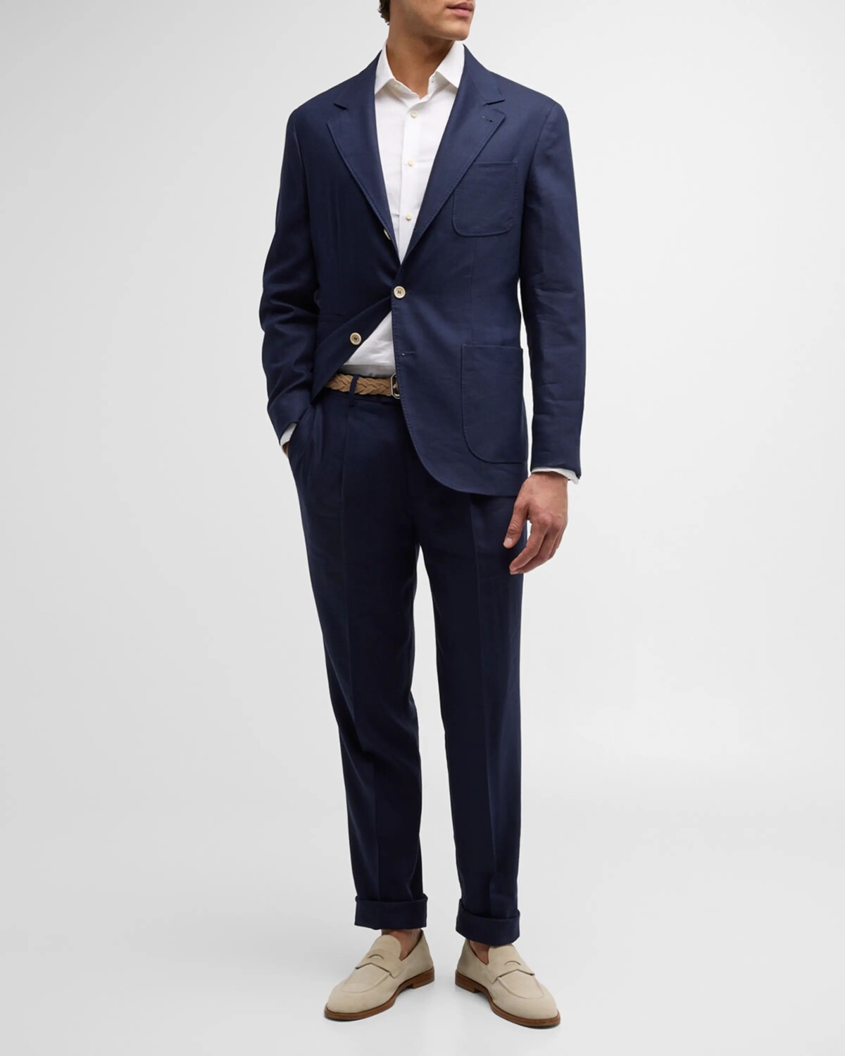 

Эксклюзивный мужской льняно-шерстяной костюм Brunello Cucinelli, цвет Navy