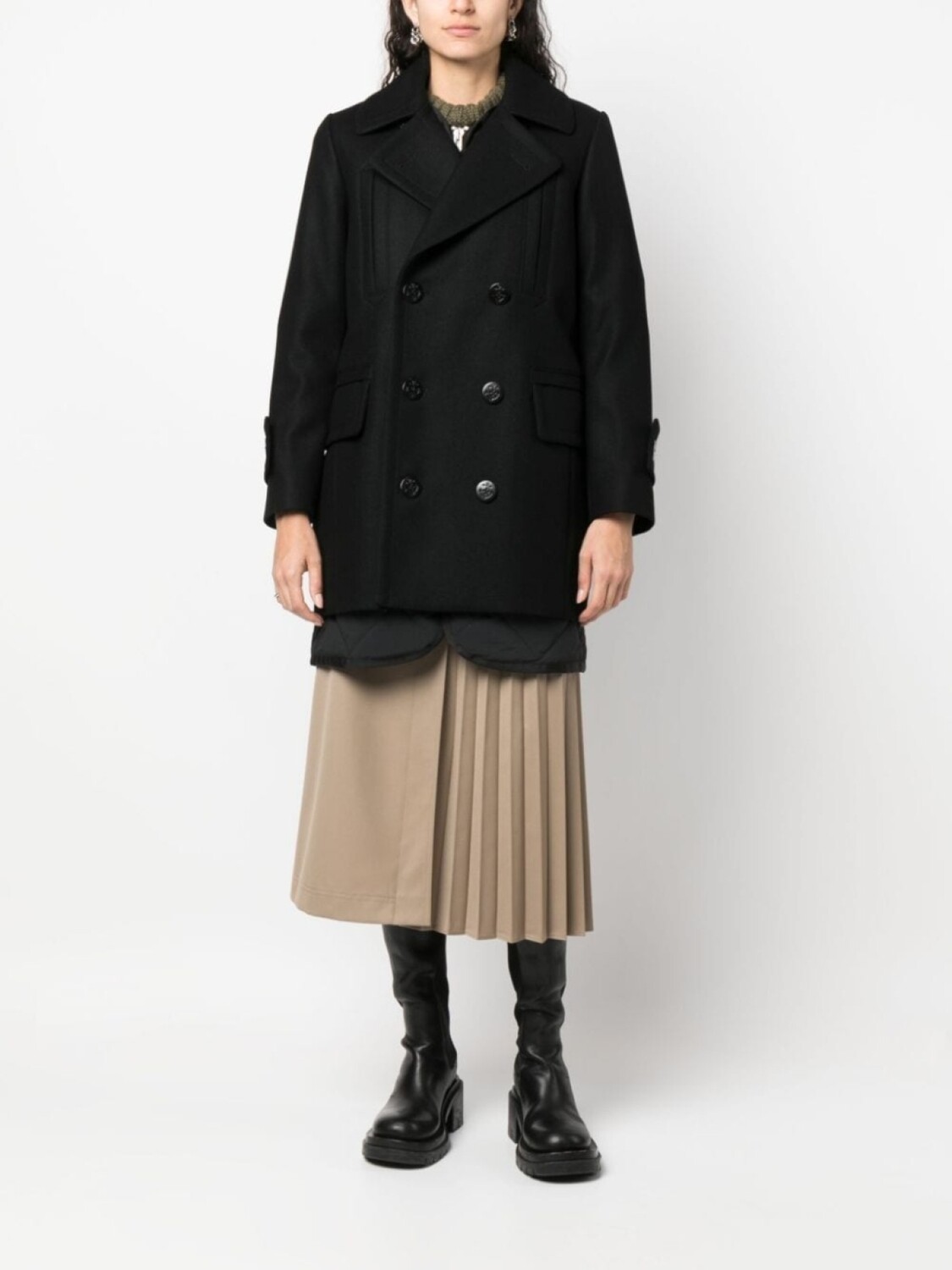 

Sacai шерстяное двубортное пальто, черный
