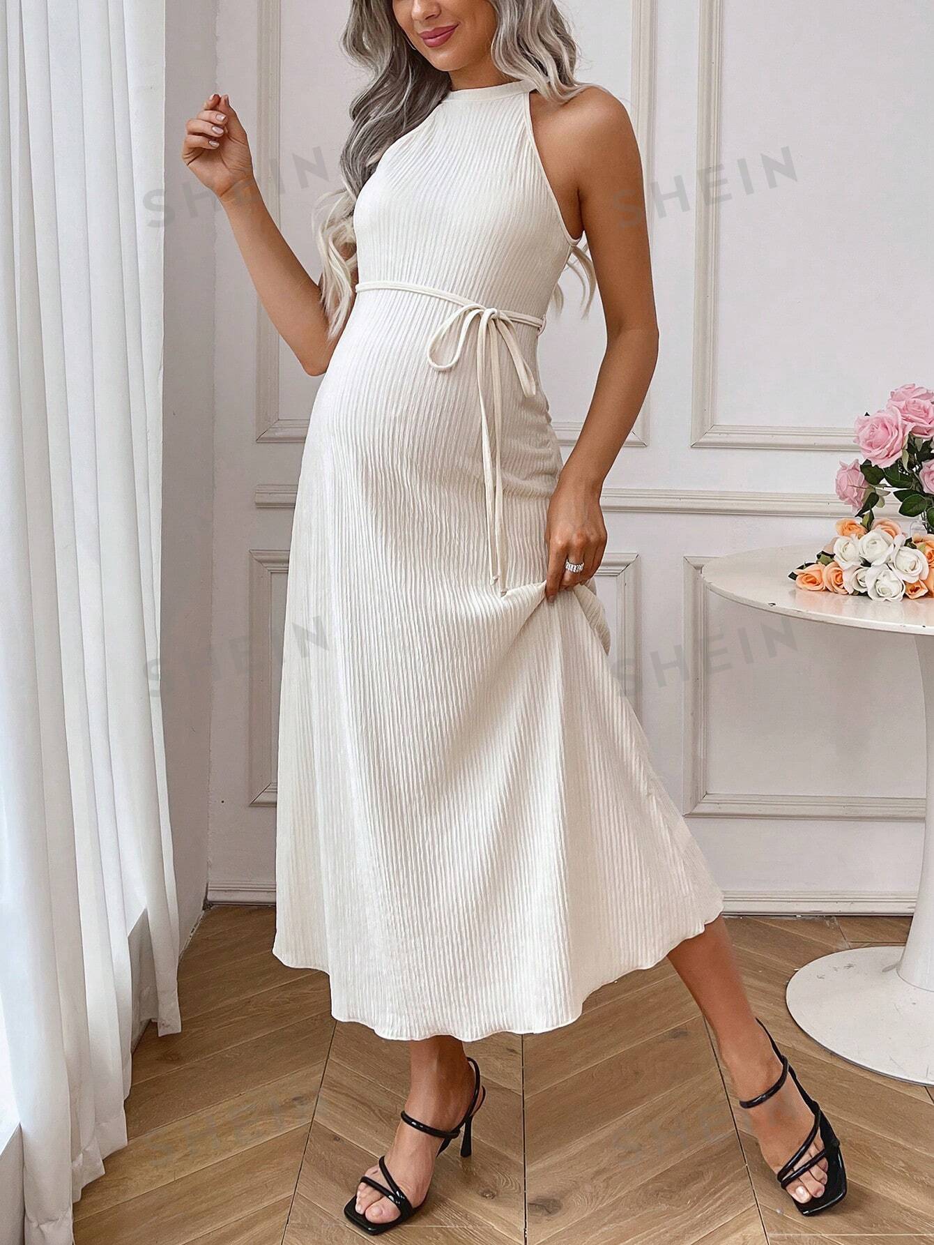 цена SHEIN Однотонное вязаное платье миди с воротником-халтер для беременных, абрикос