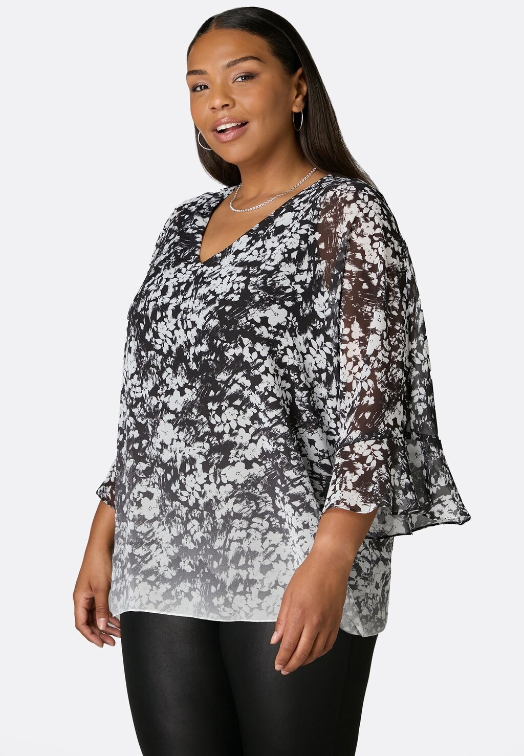 Топ с длинными рукавами LIVE UNLIMITED LONDON MONO FLORAL PRINT FLUTE SLEEVE OVERLAY TOP, цвет black