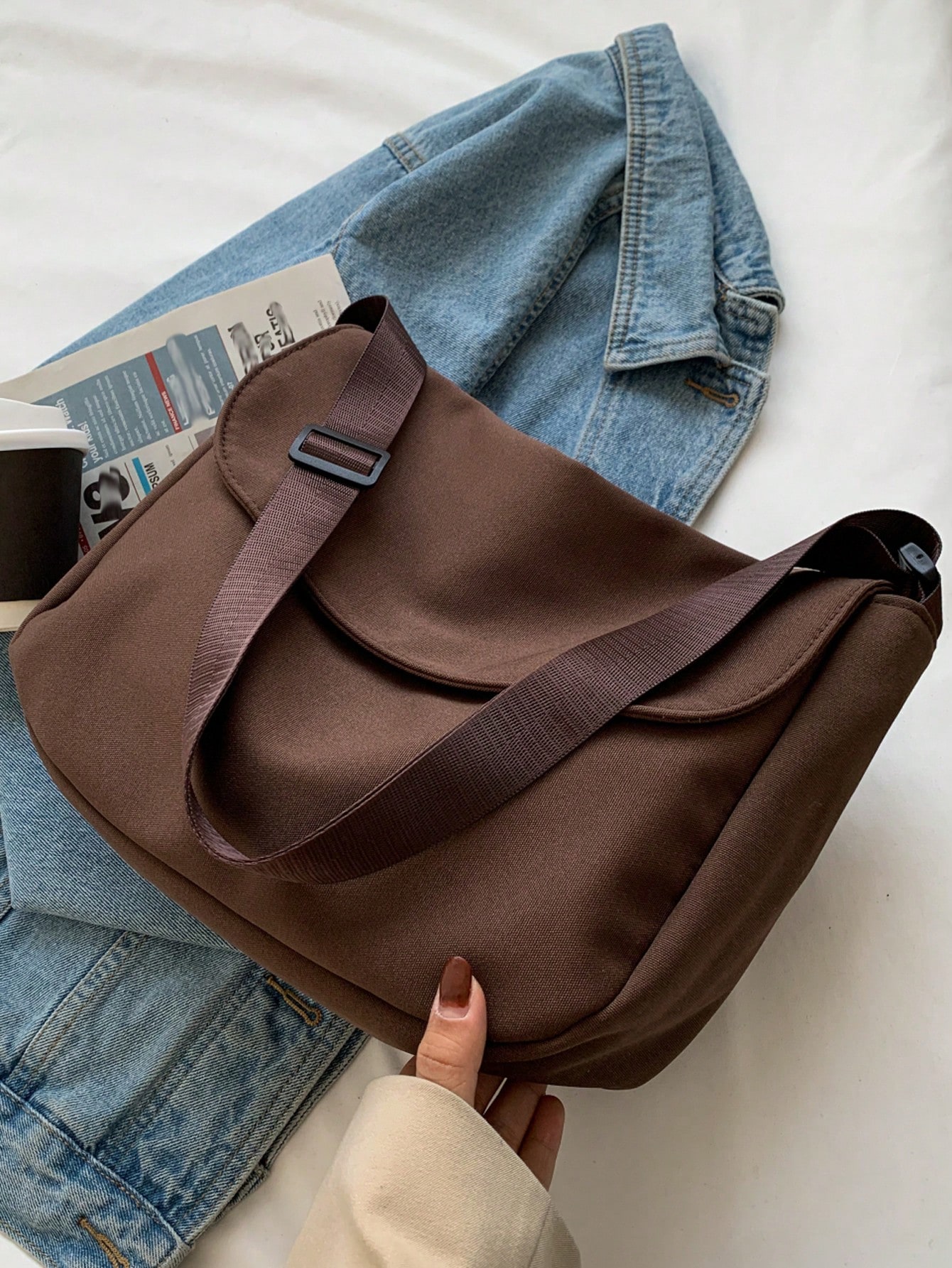 Минималистичная однотонная сумка через плечо с застежкой-молнией и магнитной застежкой, кофейный коричневый