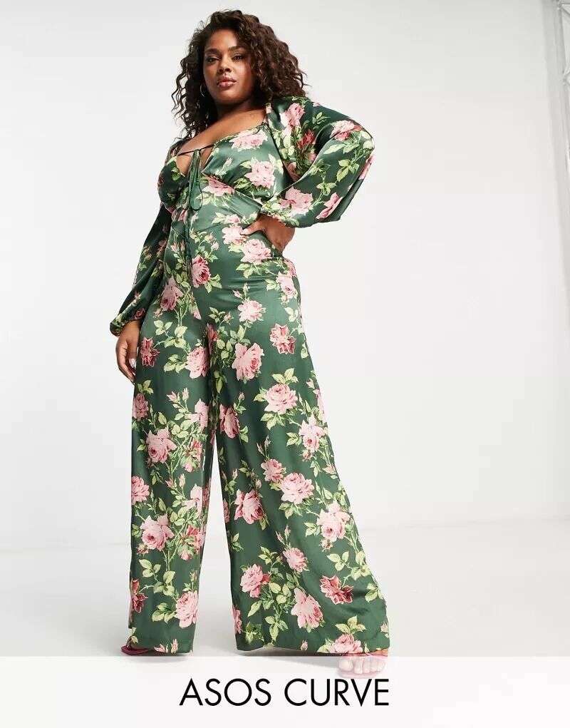 

Атласный повседневный комбинезон с завязками на спине ASOS DESIGN Curve с цветочным принтом