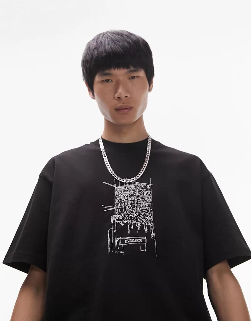 

Черная оверсайз-футболка Topman с вышитым эскизом «Lattern»