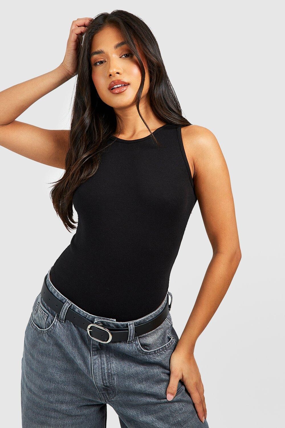 

Боди без рукавов Petite Rib Racer boohoo, черный