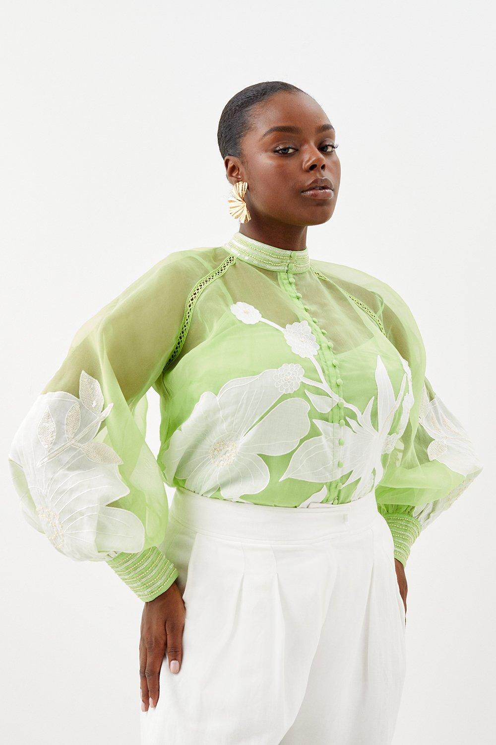 цена Тканая блузка на пуговицах Plus с аппликацией из органди Karen Millen, зеленый