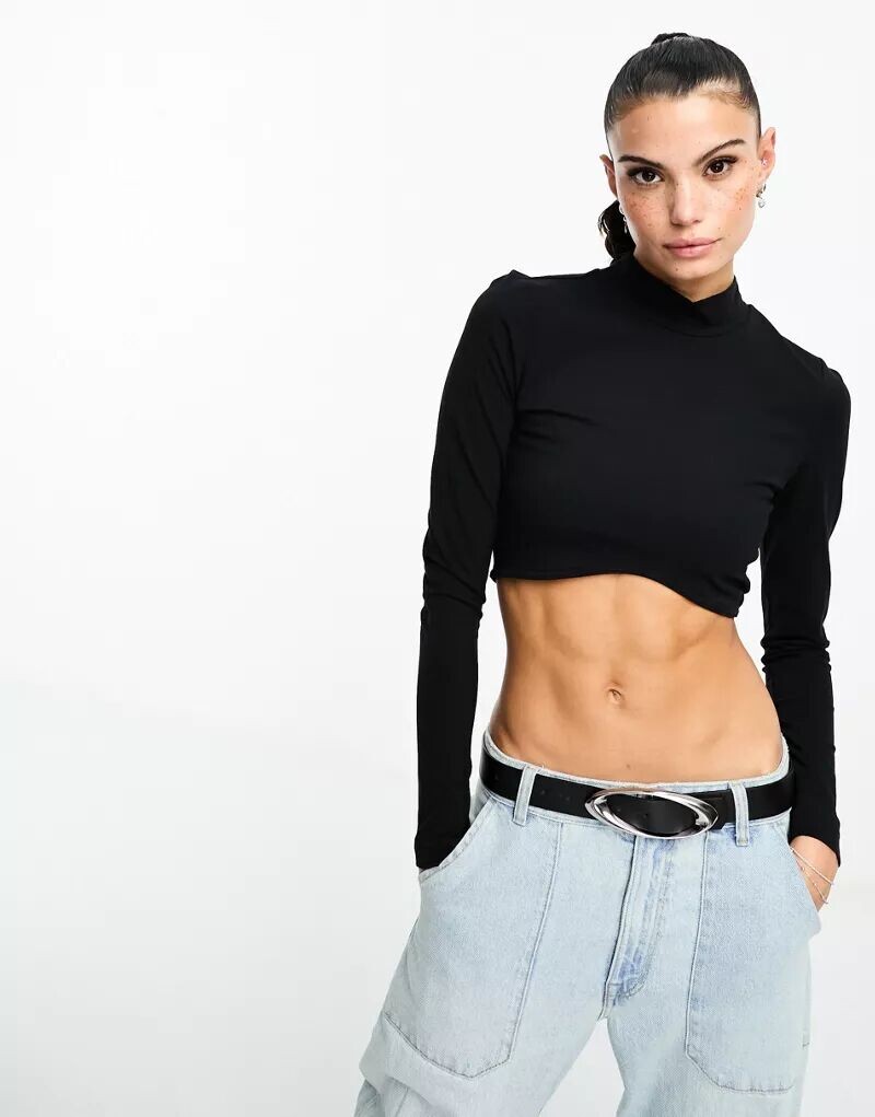 

Черный укороченный топ с высоким воротником и длинными рукавами Dr Denim Lizzie