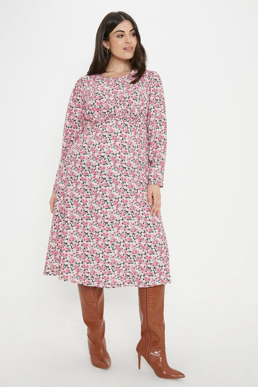 

Розовое платье миди с длинными рукавами и длинными рукавами Curve Dorothy Perkins, мультиколор