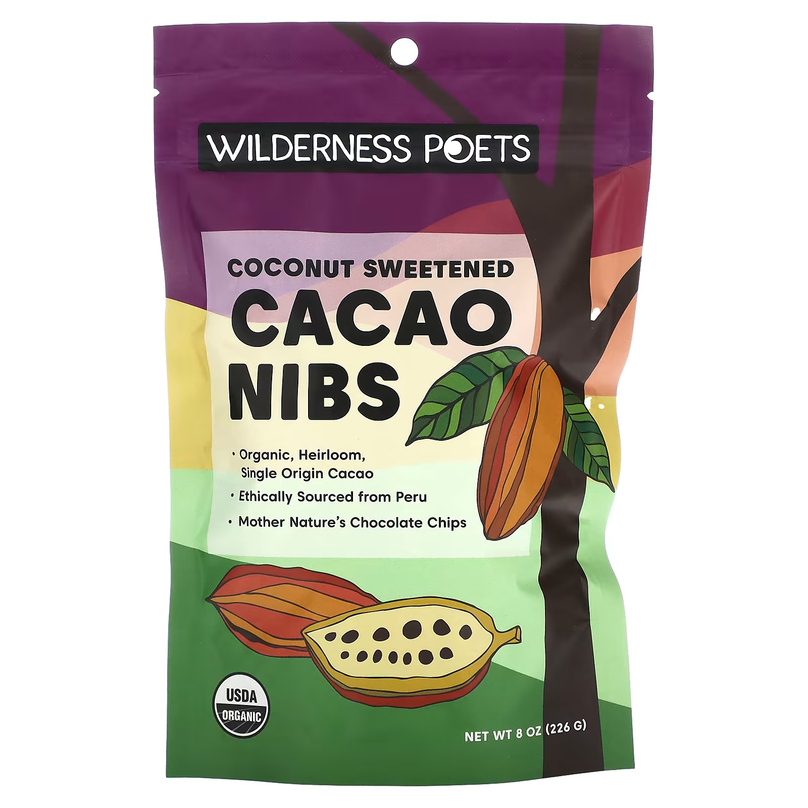цена Какао-бобы органические Wilderness Poets подслащенные кокосом, 226 г