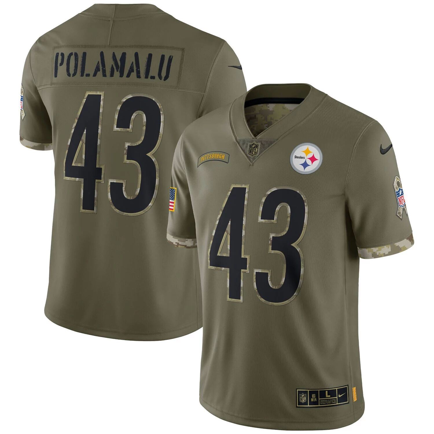 

Мужское джерси Nike Troy Polamalu Olive Pittsburgh Steelers 2022 Salute To Service Retired Player Limited