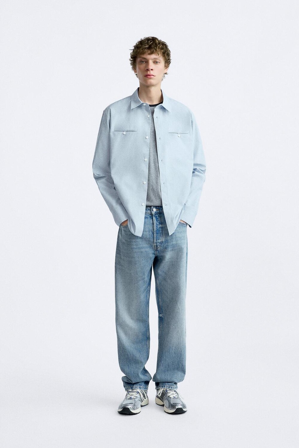 

Рубашка из поплин с карманами ZARA, пастельно-синий