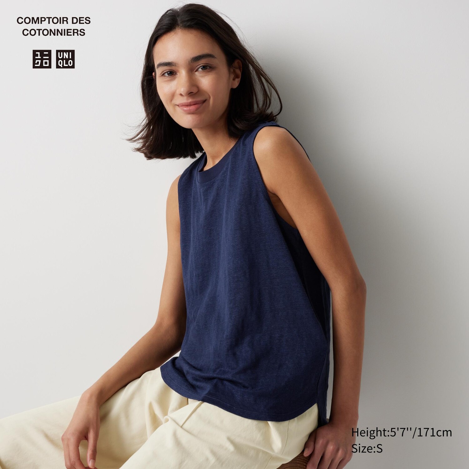 

Футболка без рукавов из 100% льна UNIQLO, темно-синий