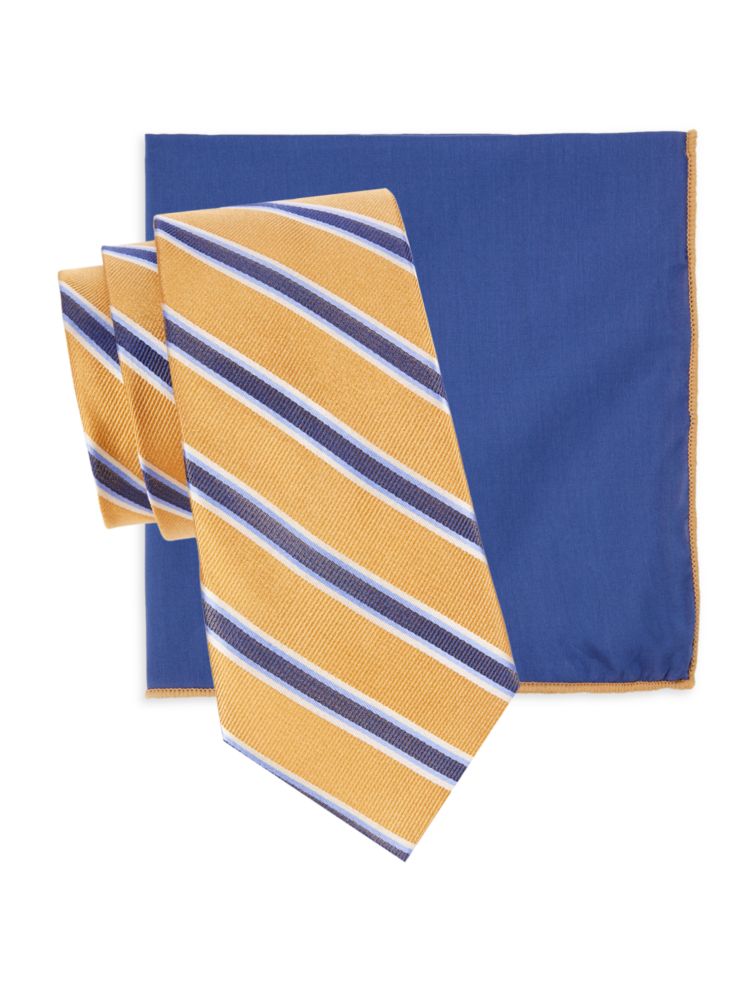 Комплект из двух шелковых галстуков и нагрудного платка Hickey Freeman, цвет Gold Navy
