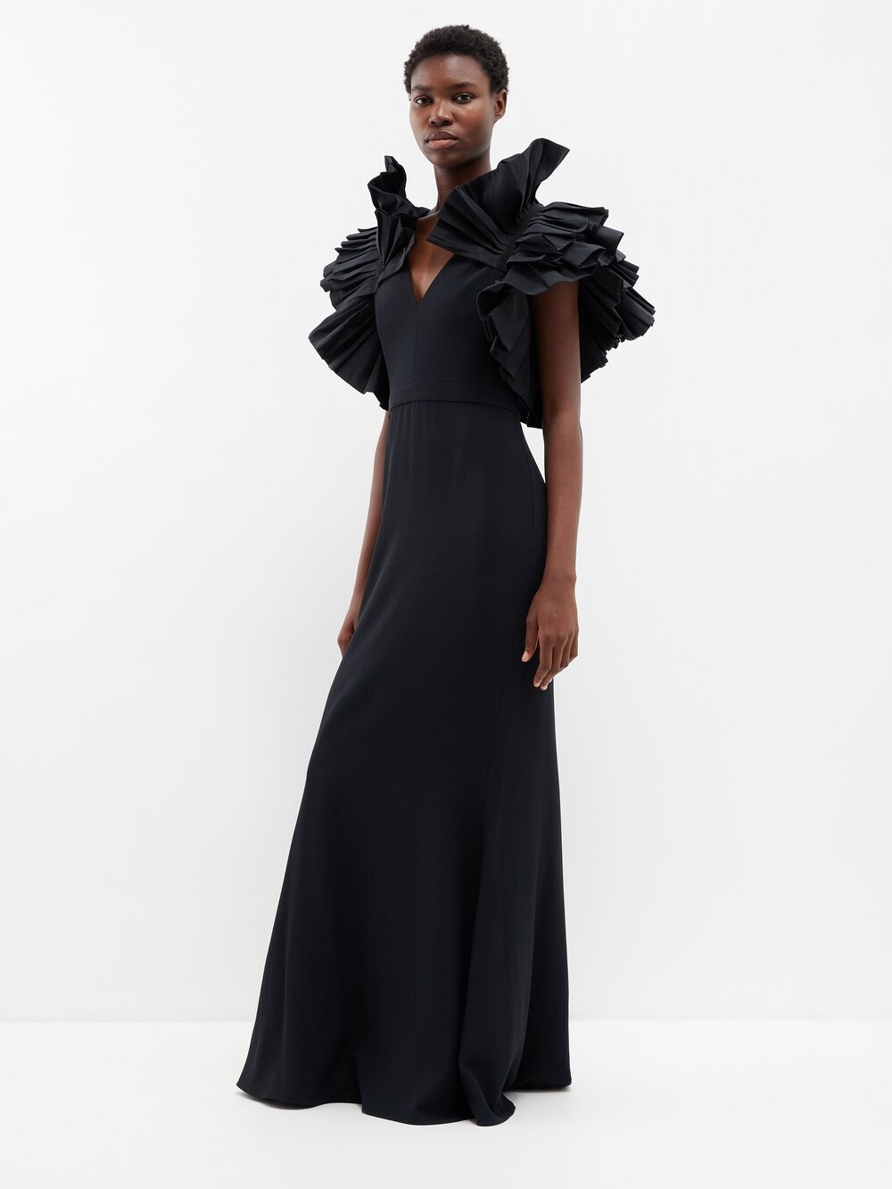 

Платье из фая и крепа с оборками на плечах Alexander McQueen, черный