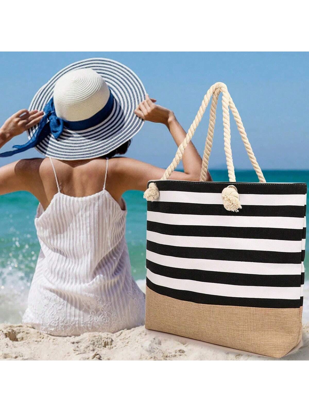 Летняя большая вместительная холщовая сумка в полоску для путешествий на открытом воздухе, синий сумка пляжная mikimarket повседневная текстиль белый мультиколор