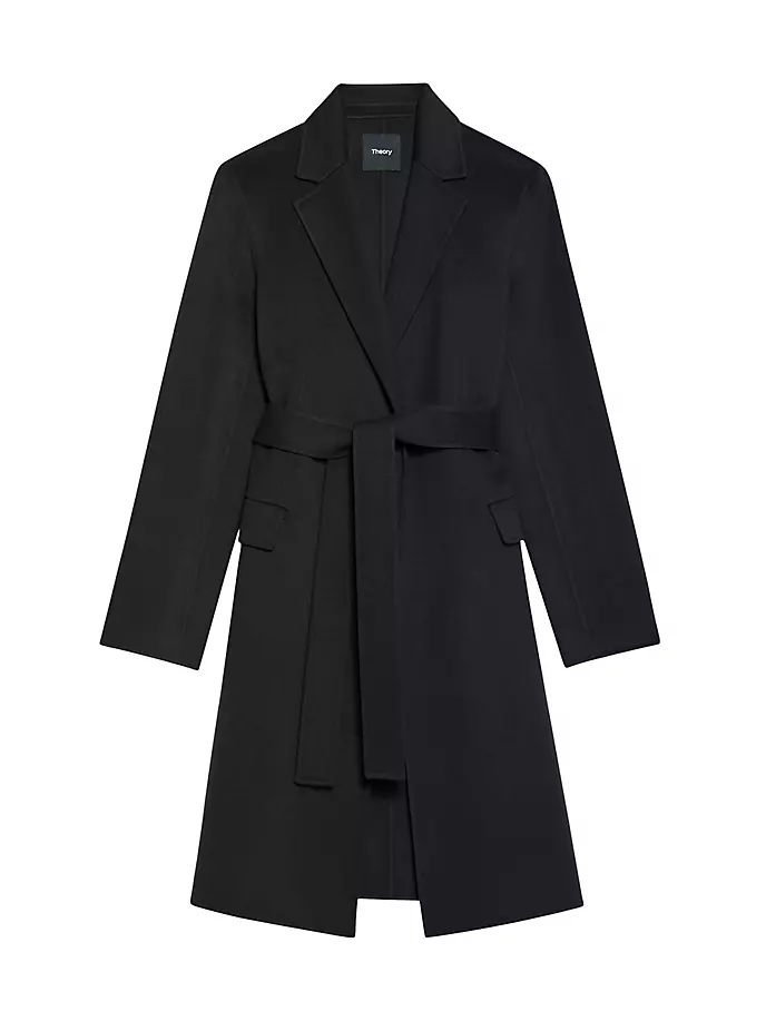 Двубортное пальто из шерсти с поясом Theory, черный пальто из шерсти с поясом